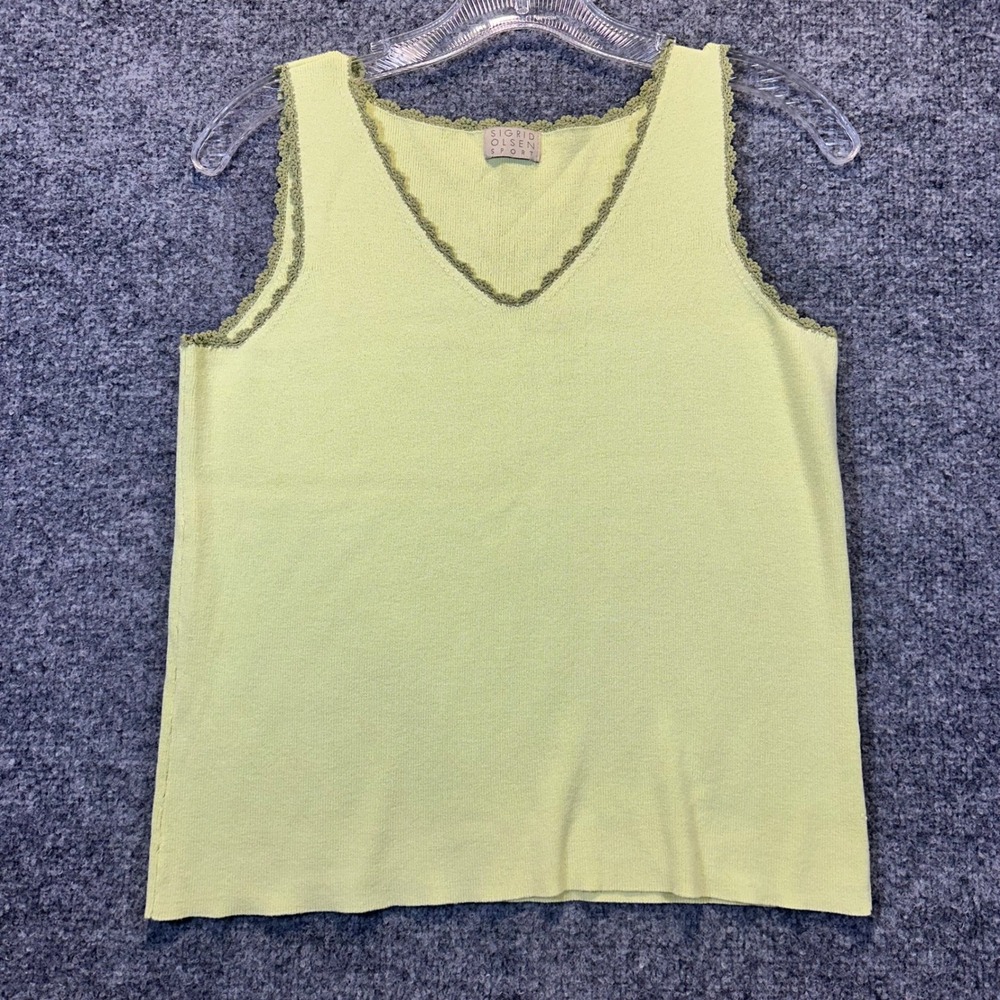Sigrid Olsen Sport Tank Top Womens M Green Crochet Trim Knit Preppy Cottagecore